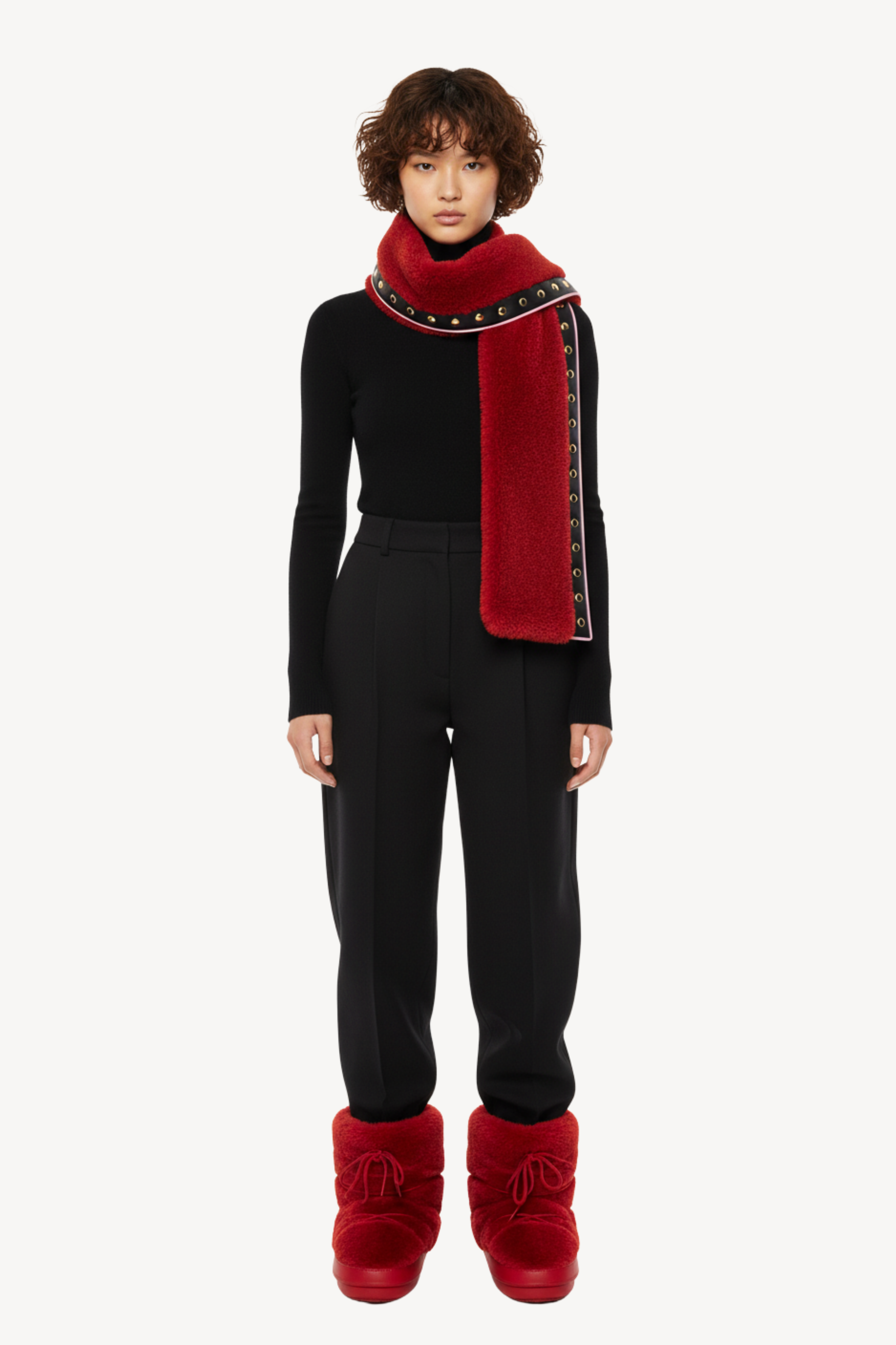 STUDDED RED SHEARLING SCARF