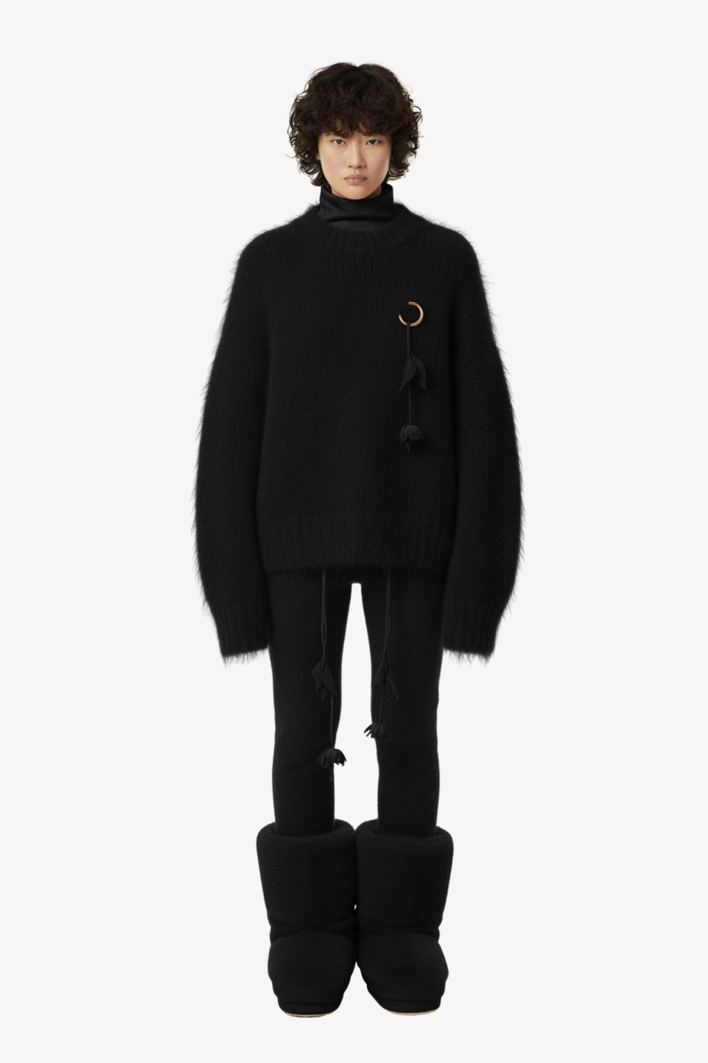 MOHAIR-BLEND SWEATER WITH FLORAL PENDANT IN BLACK